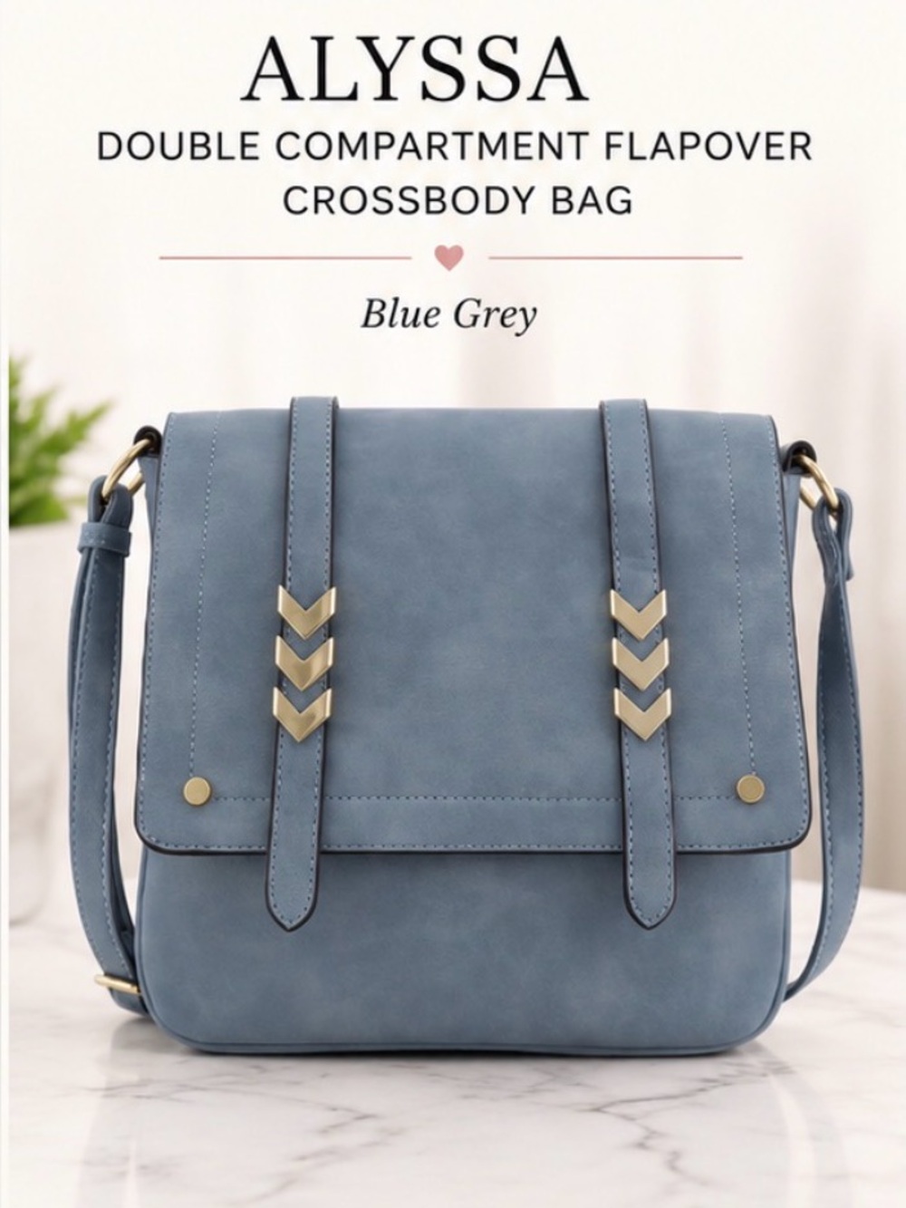Double Compartment Flapover Crossbody Bag - Blue Grey